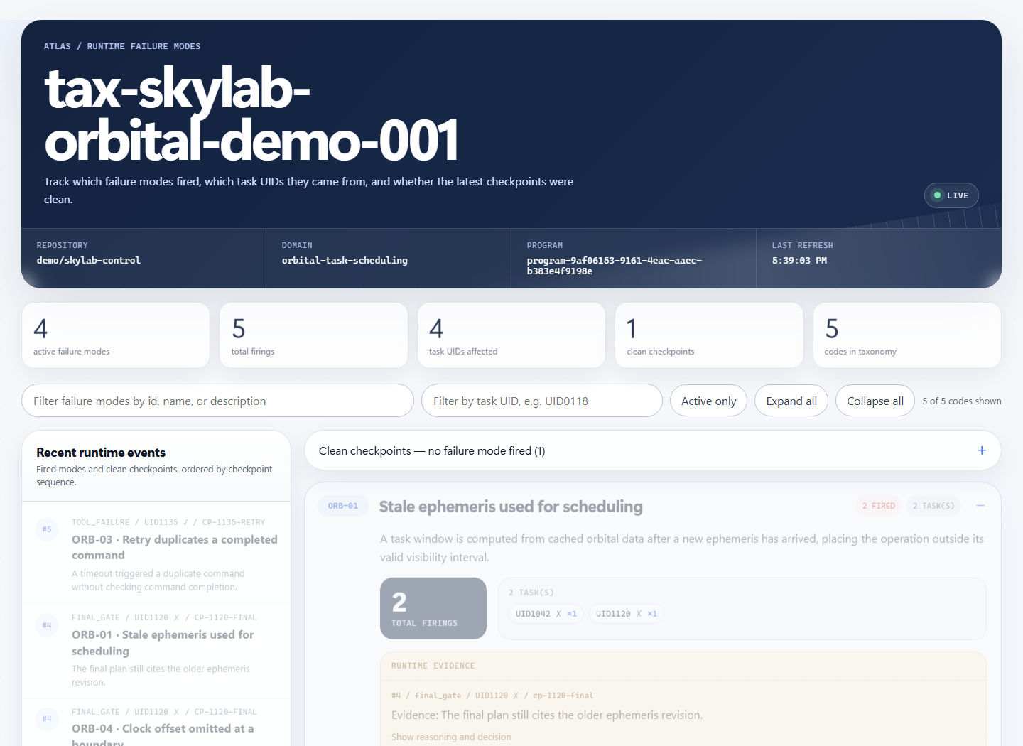 ATLAS runtime dashboard showing the bundled demo taxonomy